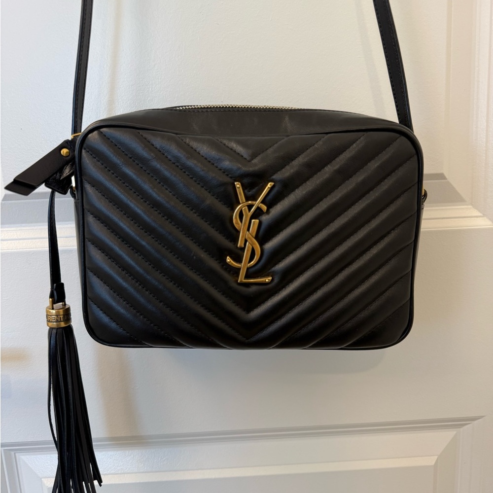 Yves Saint Laurent Black and Gold Chevron Crossbody Bag
